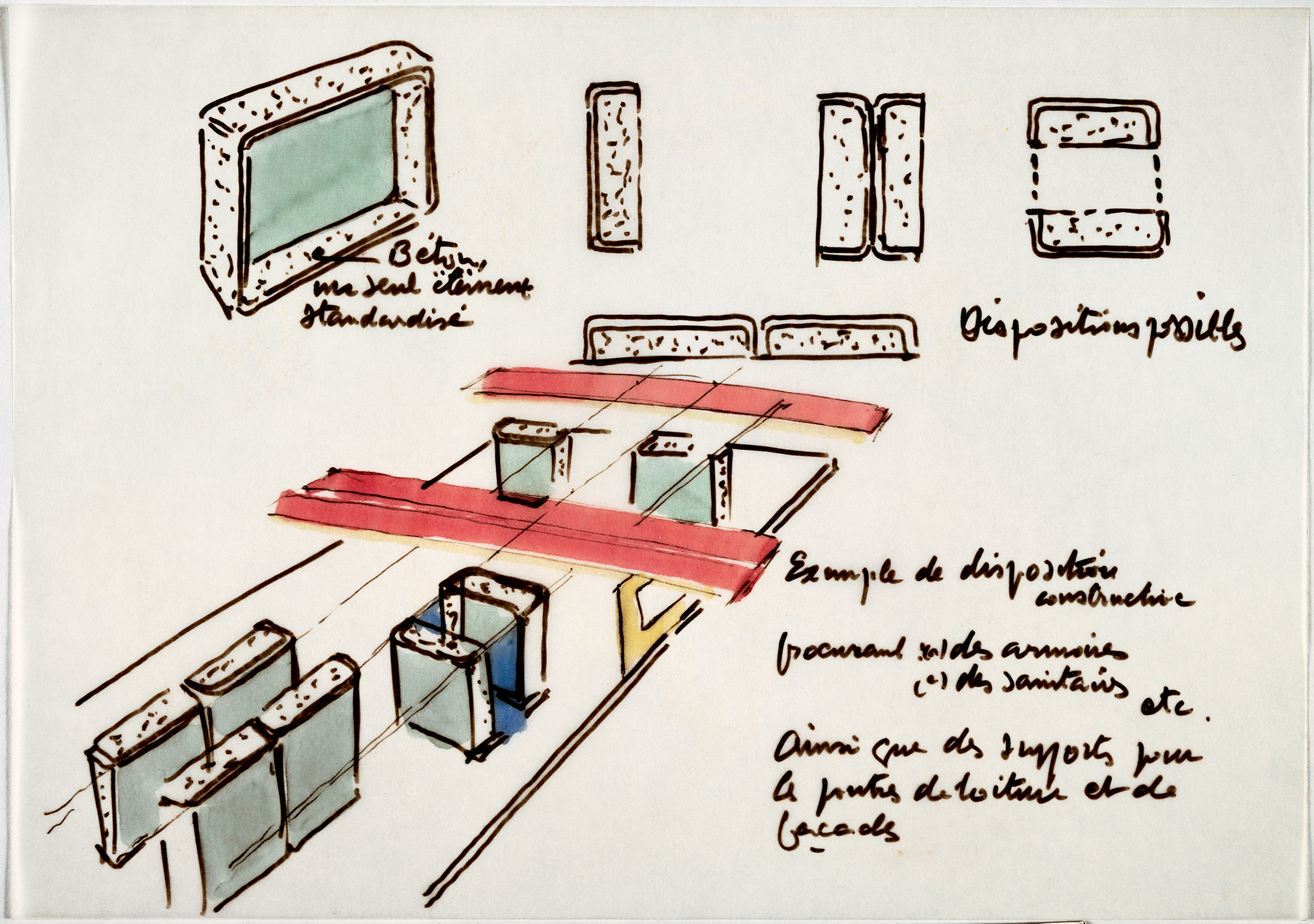 « Exemple de disposition constructive ». Principe de construction à éléments porteurs en béton pour maison individuelle. Dessin sur calque de Jean Prouvé, 1982.