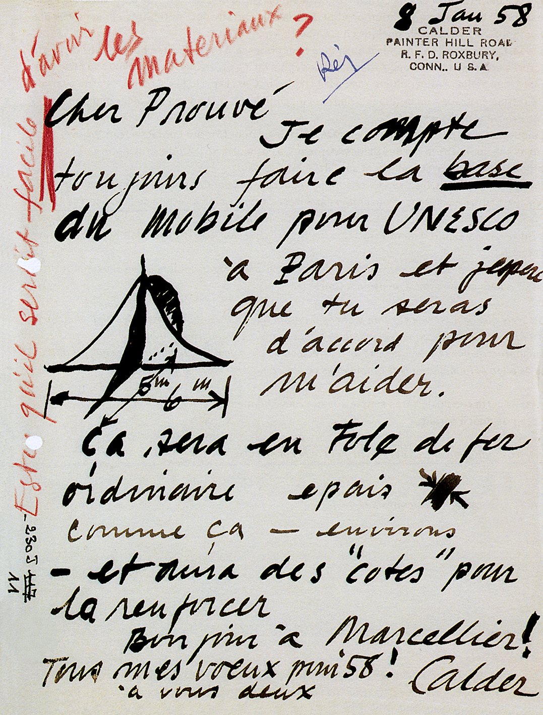 Lettre d’Alexander Calder à Jean Prouvé, 8 janvier 1958.