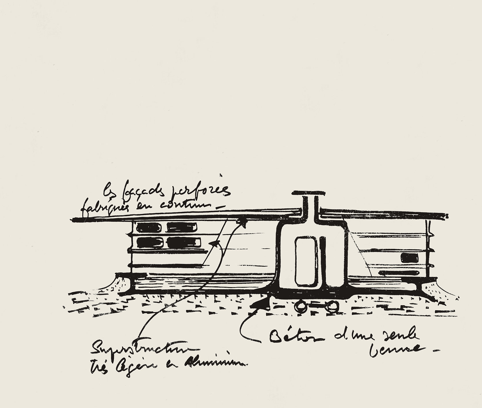 Designs for the Alba House (aluminum, reinforced concrete), 1952–1953 (M. Silvy, architecture intern).