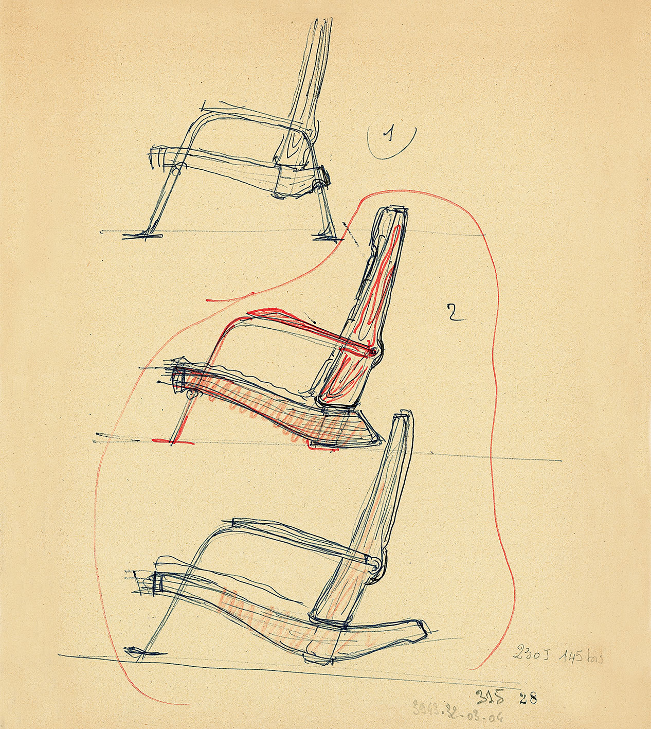 Visiteur armchair, Kangourou armchair. Sketch by Jean Prouvé for his classes at CNAM, Paris, 1957–1971.