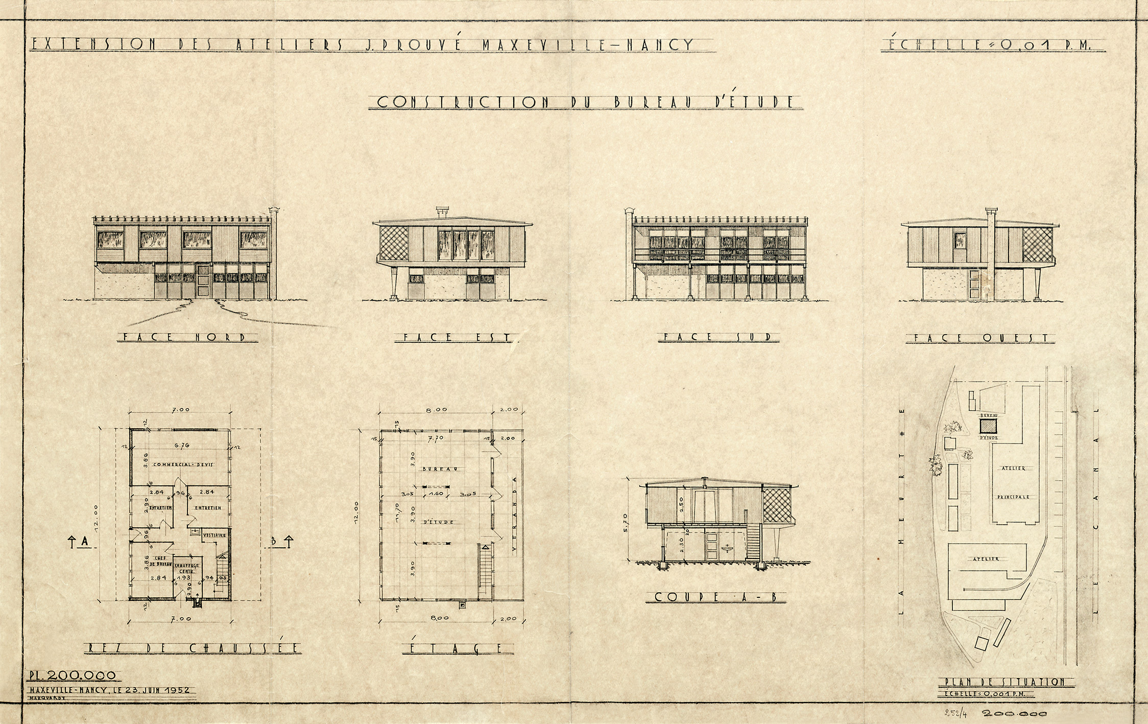 Ateliers Jean Prouvé. “Extension of Ateliers J. Prouvé, Maxéville-Nancy. Construction of the design office”. Drawing no. 200.000, 23 June 1952, by F. Marquardt.