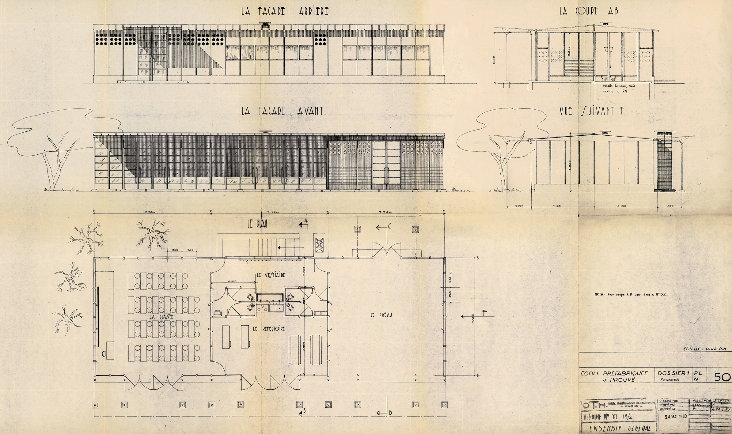 “Prefabricated school J. Prouvé. General overview”. Drawing OTH (Omnium technique de l’habitat), 24 May 1950.