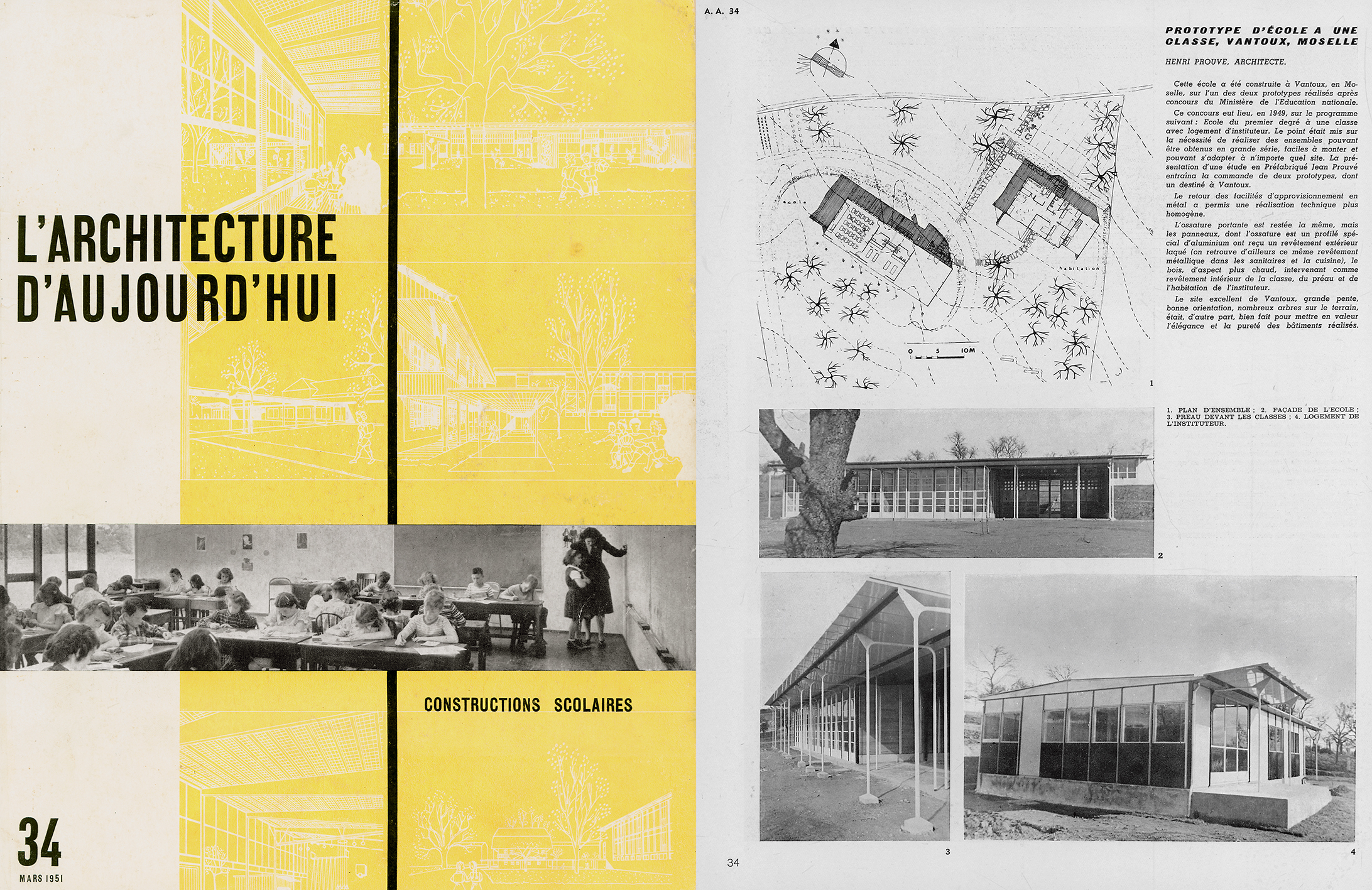 « Prototype d’école à une classe, Vantoux, Moselle ». Constructions scolaires. <i>L’Architecture d’aujourd’hui,</i> n° 34, mars 1951.