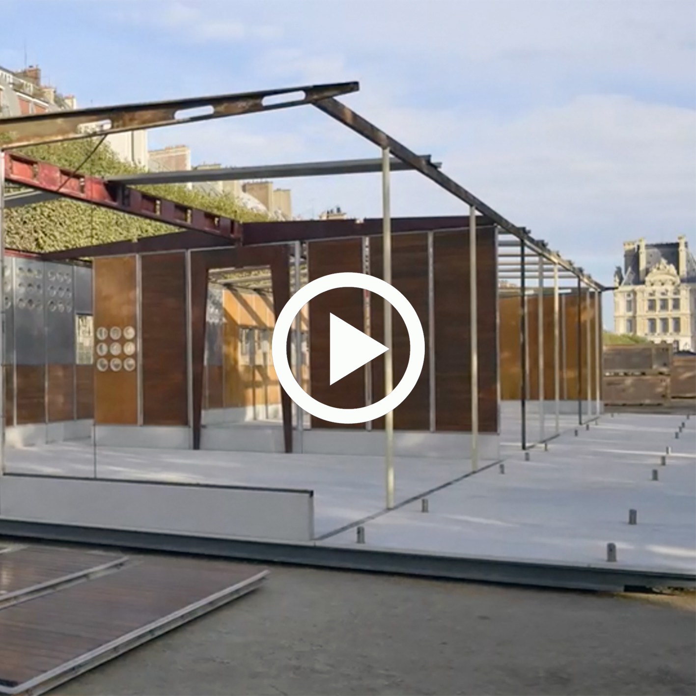 Bouqueval demountable school, 1950. Adaptation by Jean Nouvel. Reassembled at Jardin des Tuileries, Paris, 2016. Duration: 3'11".