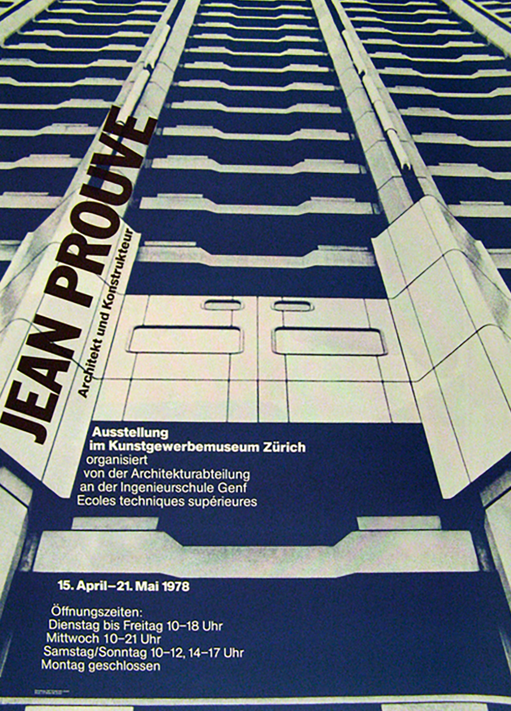 Affiche conçue par Siegfried Odermatt pour une exposition de l'œuvre de Prouvé au Museum für Gestaltung, Zürich, en 1978.