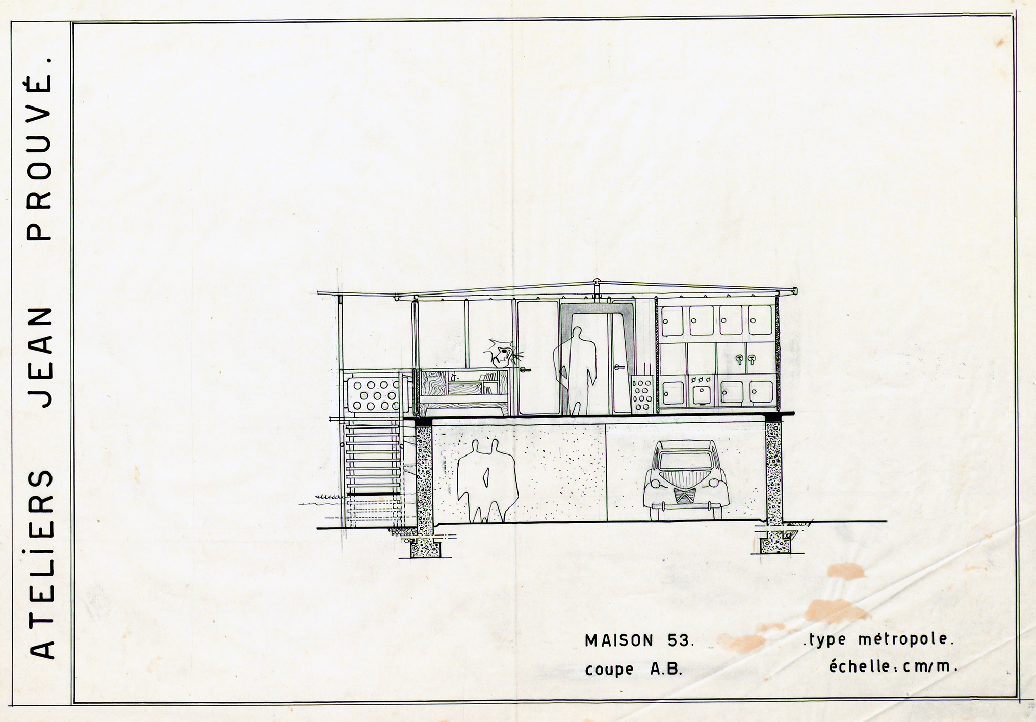 Ateliers Jean Prouvé, « Maison 53, type Métropole, coupe A.B. ». Plan n° 180.250, 1953.