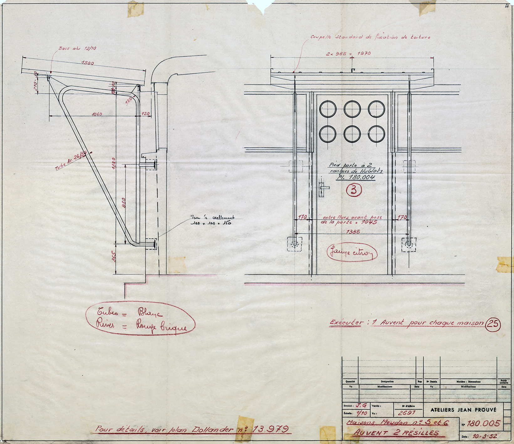 Ateliers Jean Prouvé, “Meudon houses nos. 5 and 6. Double grid awning”. Awning, porthole door, and indications of component colors. Plan no. 180.005, 10 March 1952.