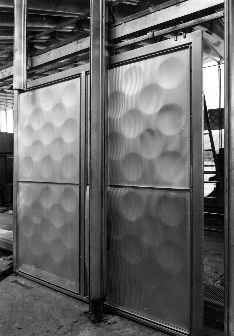 Aluminum Centenary Pavilion, Quai d’Orsay, Paris, 1954 (Jean Prouvé, with engineer M. Hugonet). Facade panel pressed and ribbed aluminum sheeting