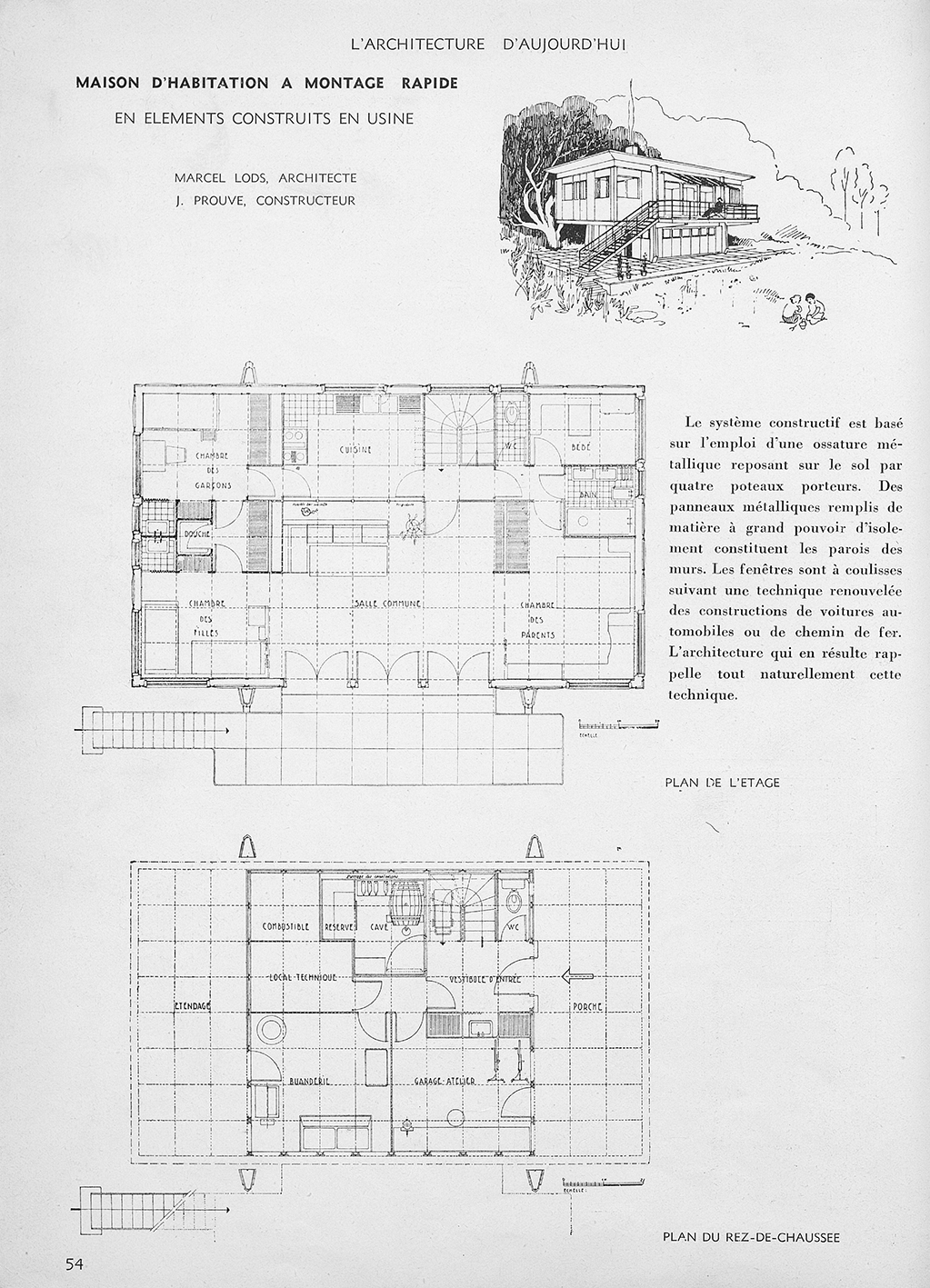 Maison d’habitation à montage rapide (Jean Prouvé avec Marcel Lods, arch.) paru dans <i>L’Architecture d’aujourd’hui,</i> n° 4, 1946.