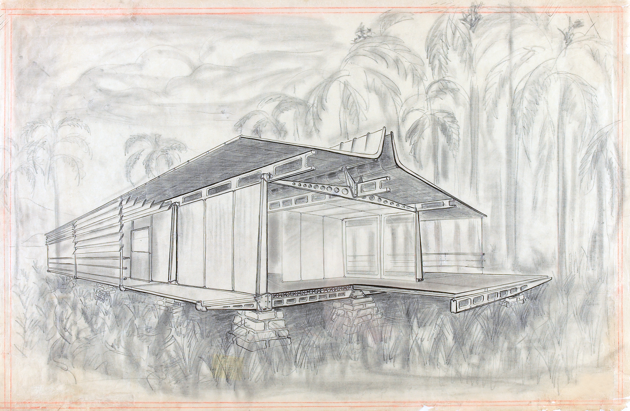 Ateliers Jean Prouvé. Perspective sketch of the colonial house variant, 1948.