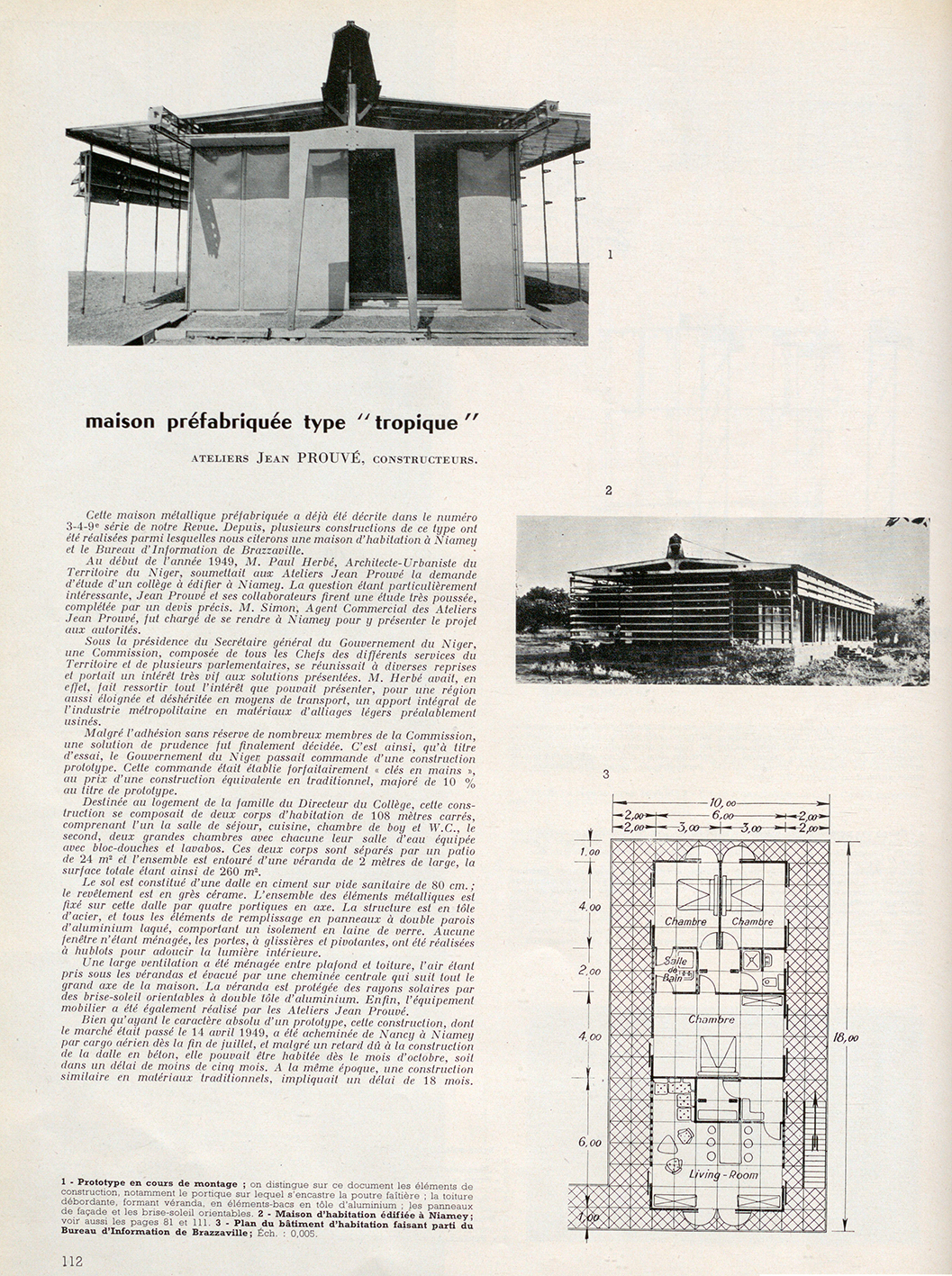 Prototype of the Tropique house, 1949 (Henri Prouvé, arch.) in <i>Techniques & Architecture,</i> no. 5-6, 1952.