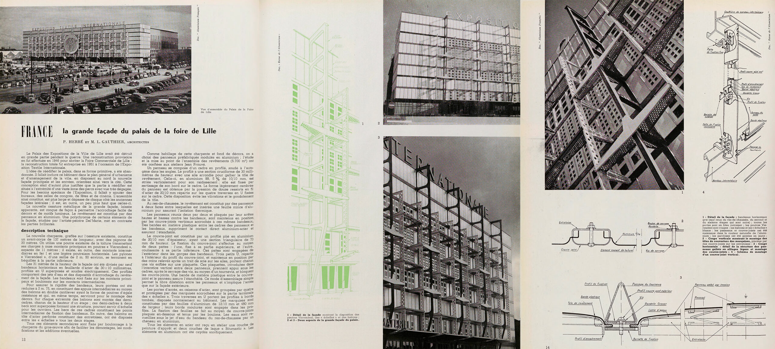 Façades du palais de la Foire, Lille, 1950-1951 (P. Herbé, M. L. Gauthier, arch.) paru dans <i>Techniques & Architecture</i>, n° 11-12, 1951.