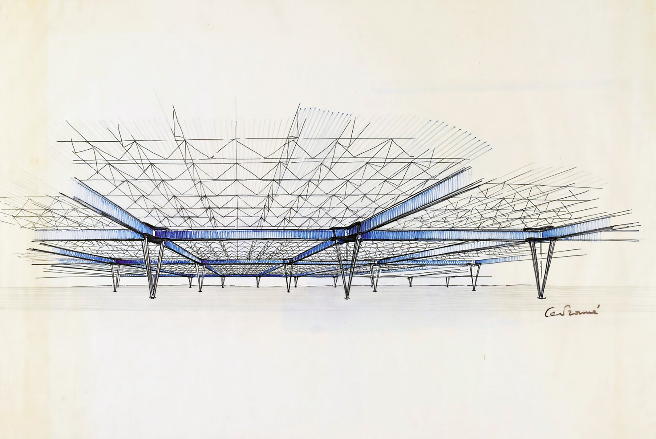 Alpexpo, trade fair center, Grenoble, 1967–1970 (Jean Prouvé, with architect C. Prouvé, engineer L. Pétroff). The construction system in perspective.