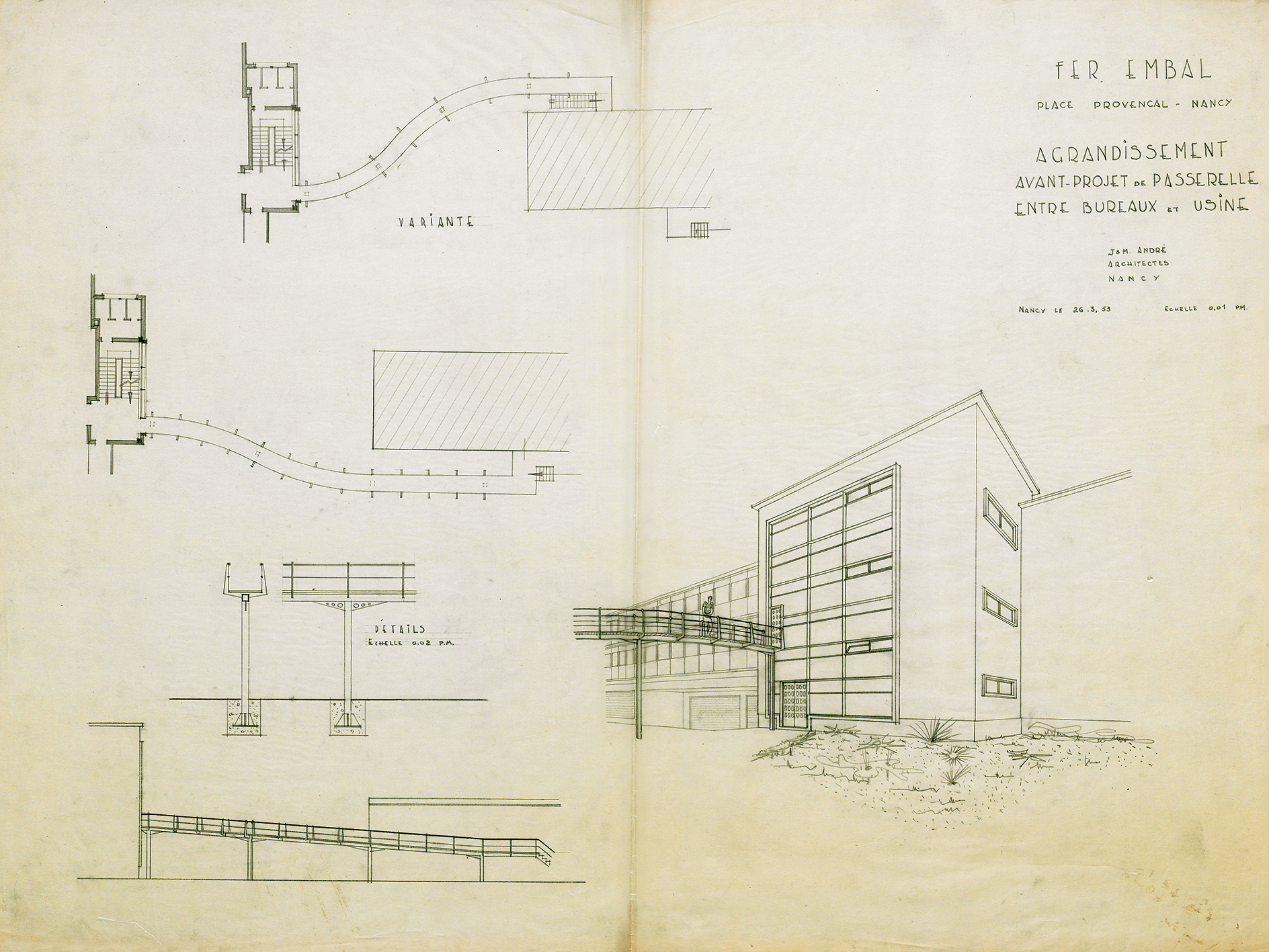 Ferembal factory, Nancy. Plans for extension of the workshops, with a walkway between the offices and the factory, 1952 (architects J. and M. André).